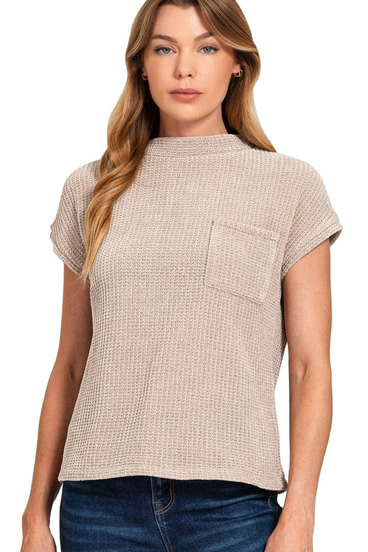 Zenana Chenille Waffle Knit Short Sleeve Front Pocket Sweater