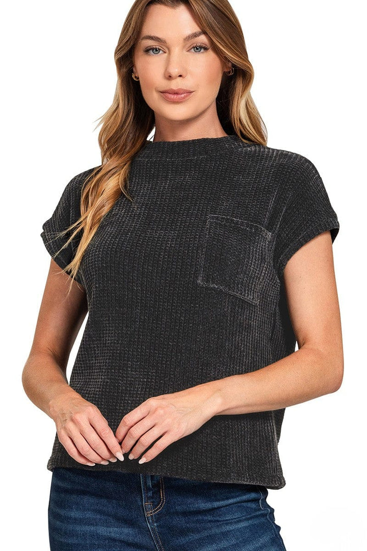 Zenana Chenille Waffle Knit Short Sleeve Front Pocket Sweater