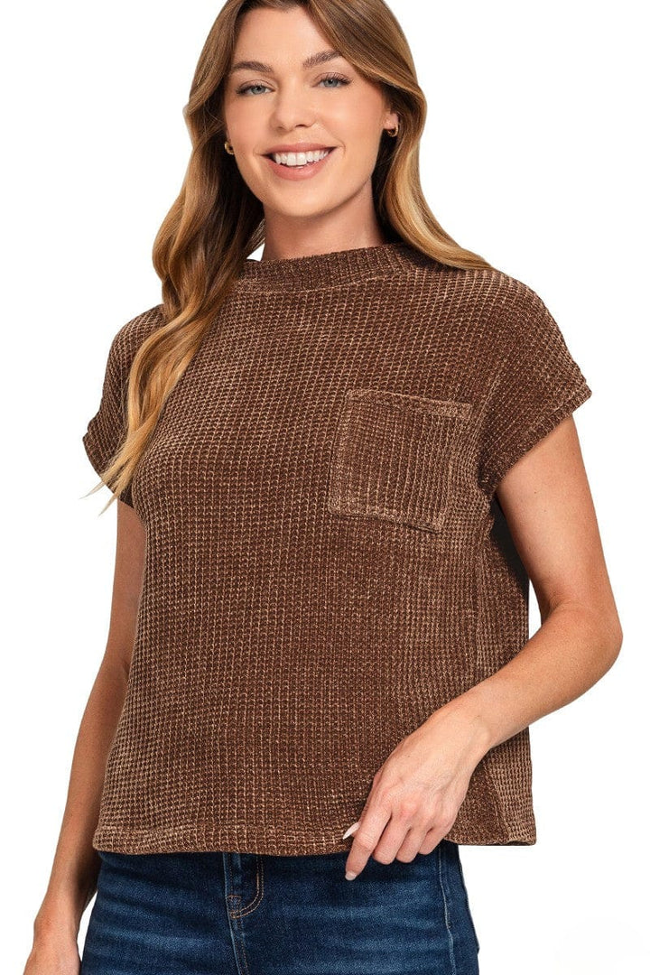 Zenana Chenille Waffle Knit Short Sleeve Front Pocket Sweater