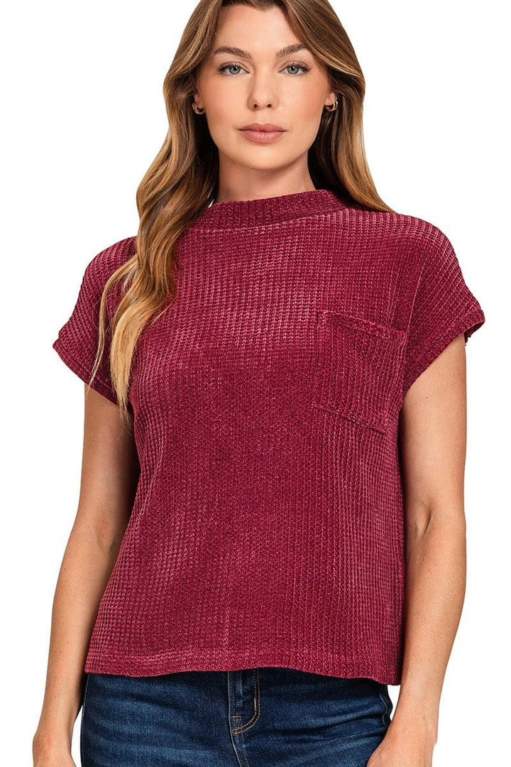 Zenana Chenille Waffle Knit Short Sleeve Front Pocket Sweater