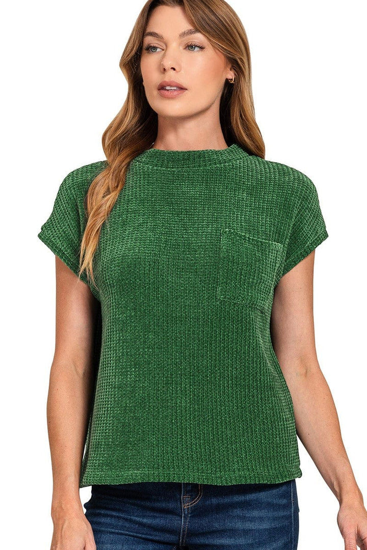 Zenana Chenille Waffle Knit Short Sleeve Front Pocket Sweater