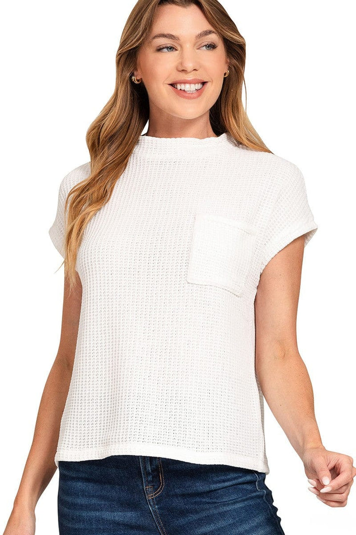 Zenana Chenille Waffle Knit Short Sleeve Front Pocket Sweater