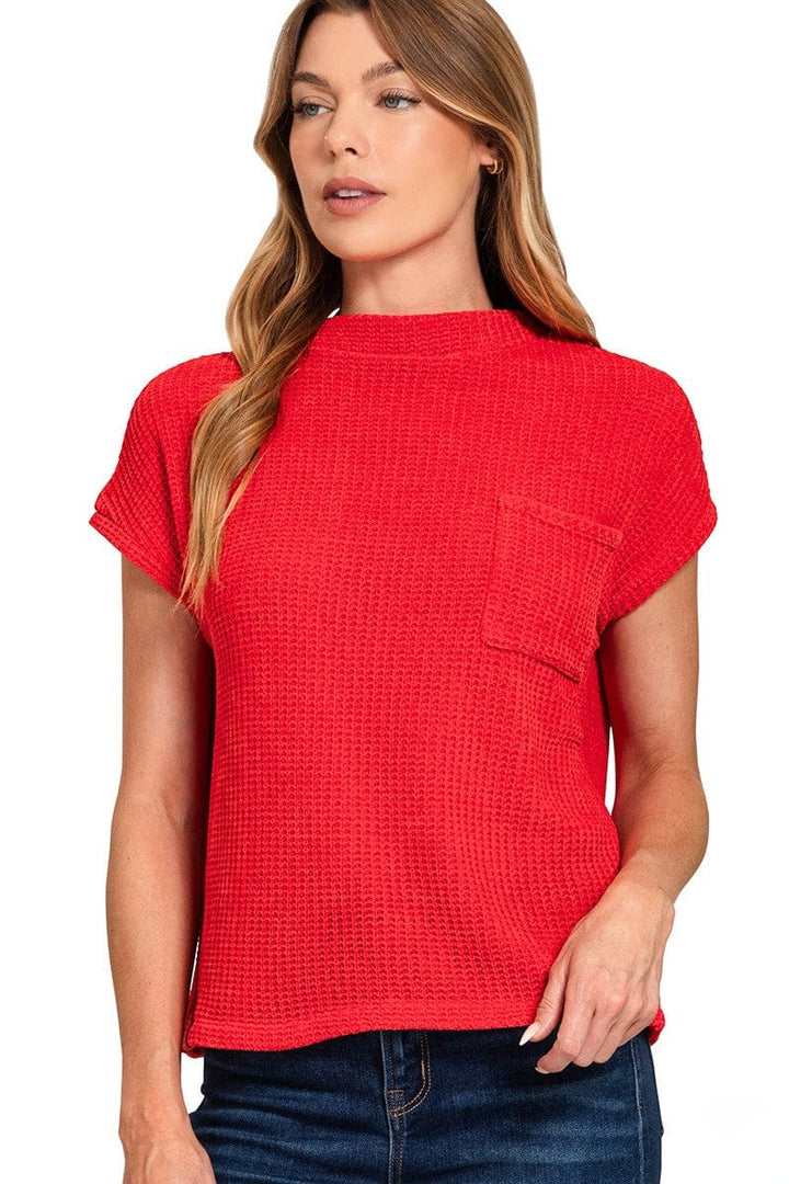 Zenana Chenille Waffle Knit Short Sleeve Front Pocket Sweater