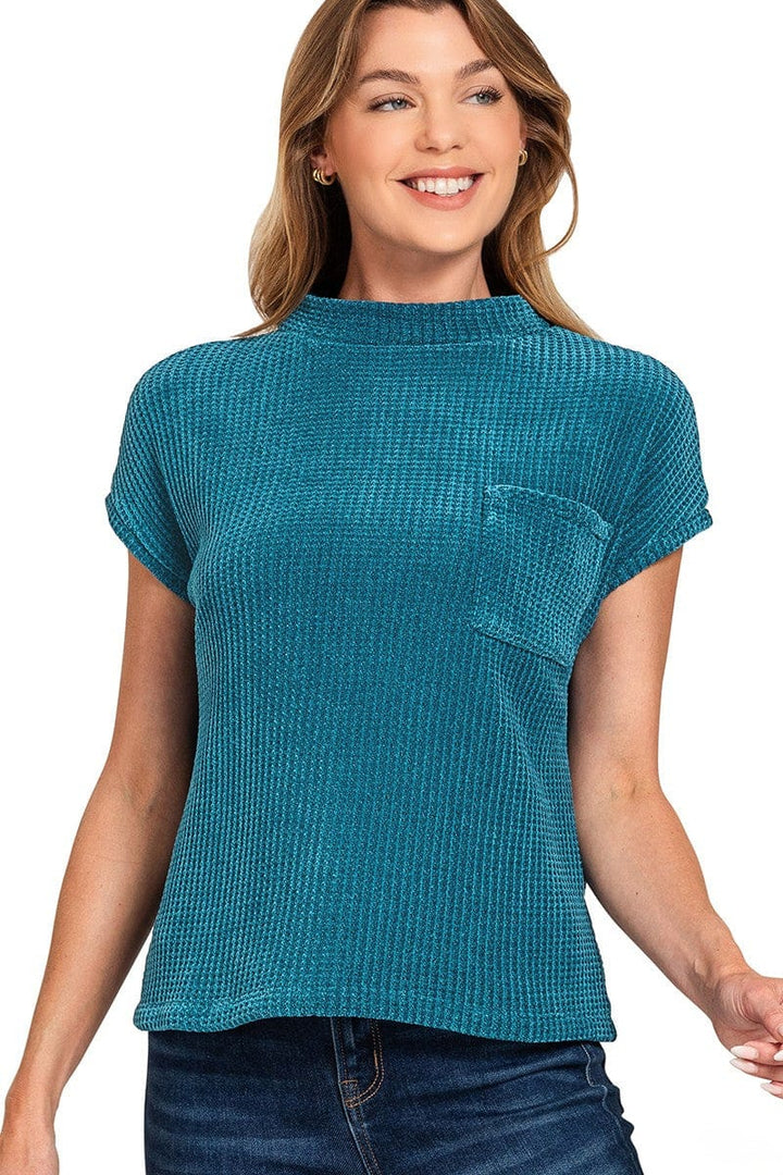 Zenana Chenille Waffle Knit Short Sleeve Front Pocket Sweater