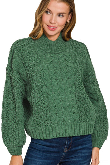 Zenana Chunky Cable Knit Sweater with Out Seam Detailing and Balloon Sleeves