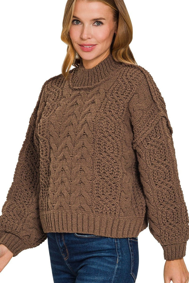 Zenana Chunky Cable Knit Sweater with Out Seam Detailing and Balloon Sleeves