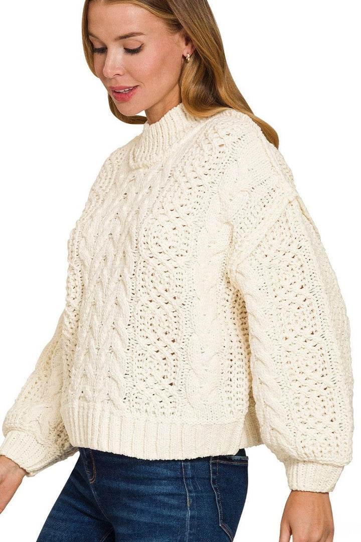 Zenana Chunky Cable Knit Sweater with Out Seam Detailing and Balloon Sleeves