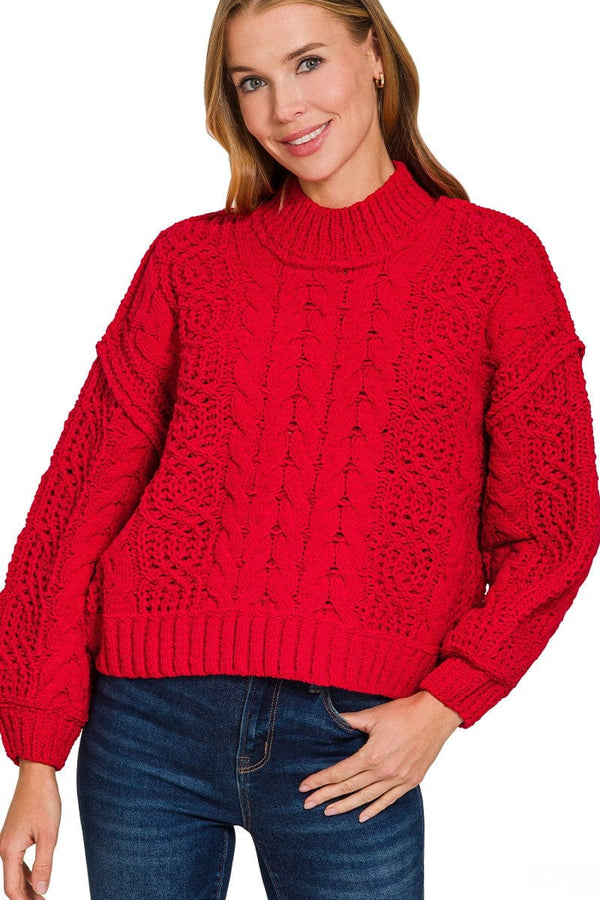 Zenana Chunky Cable Knit Sweater with Out Seam Detailing and Balloon Sleeves