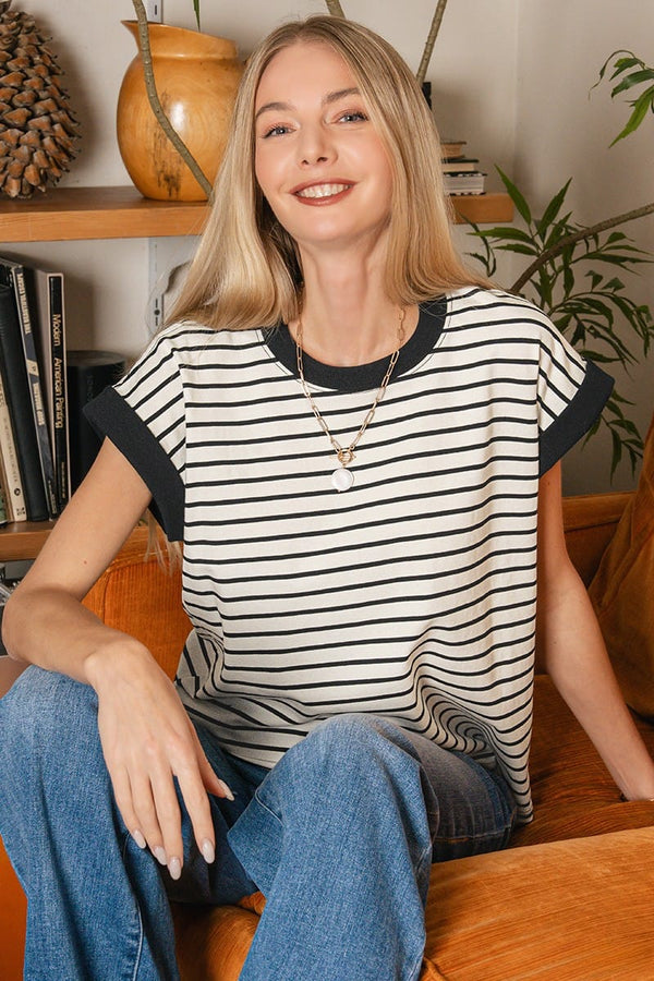 Zenana Contrast Trim Cap Sleeve Stripe Tee