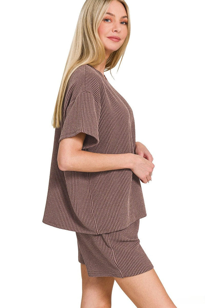 Zenana Corded Rib Knit Short Sleeve Tee & Shorts Set