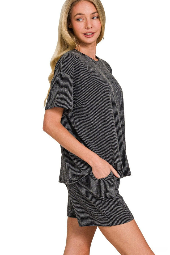 Zenana Corded Rib Knit Short Sleeve Tee & Shorts Set