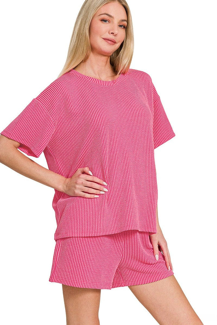 Zenana Corded Rib Knit Short Sleeve Tee & Shorts Set