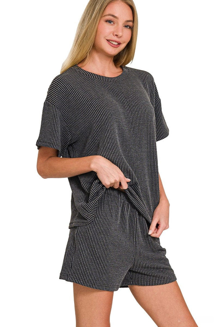 Zenana Corded Rib Knit Short Sleeve Tee & Shorts Set