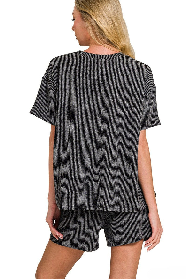 Zenana Corded Rib Knit Short Sleeve Tee & Shorts Set