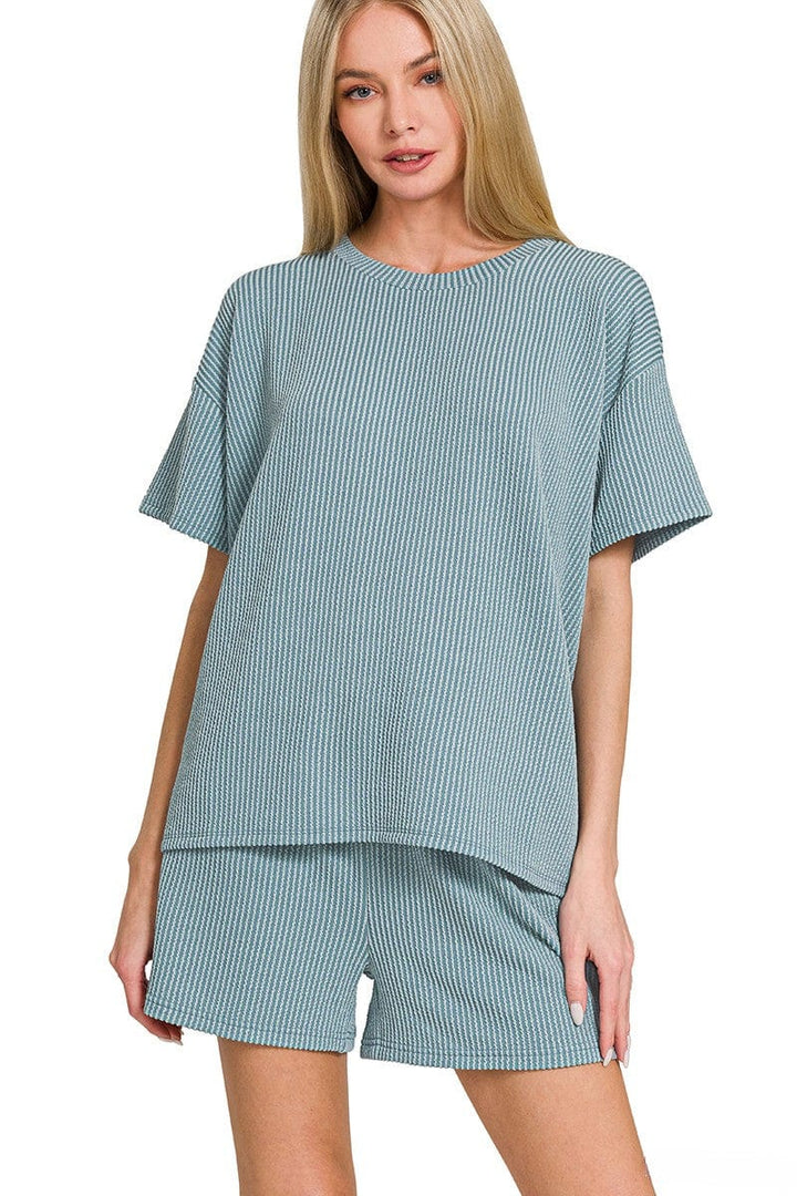 Zenana Corded Rib Knit Short Sleeve Tee & Shorts Set