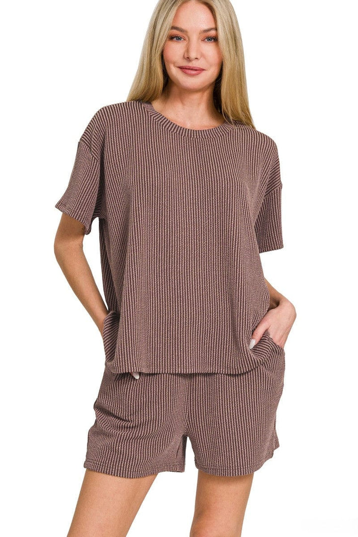 Zenana Corded Rib Knit Short Sleeve Tee & Shorts Set