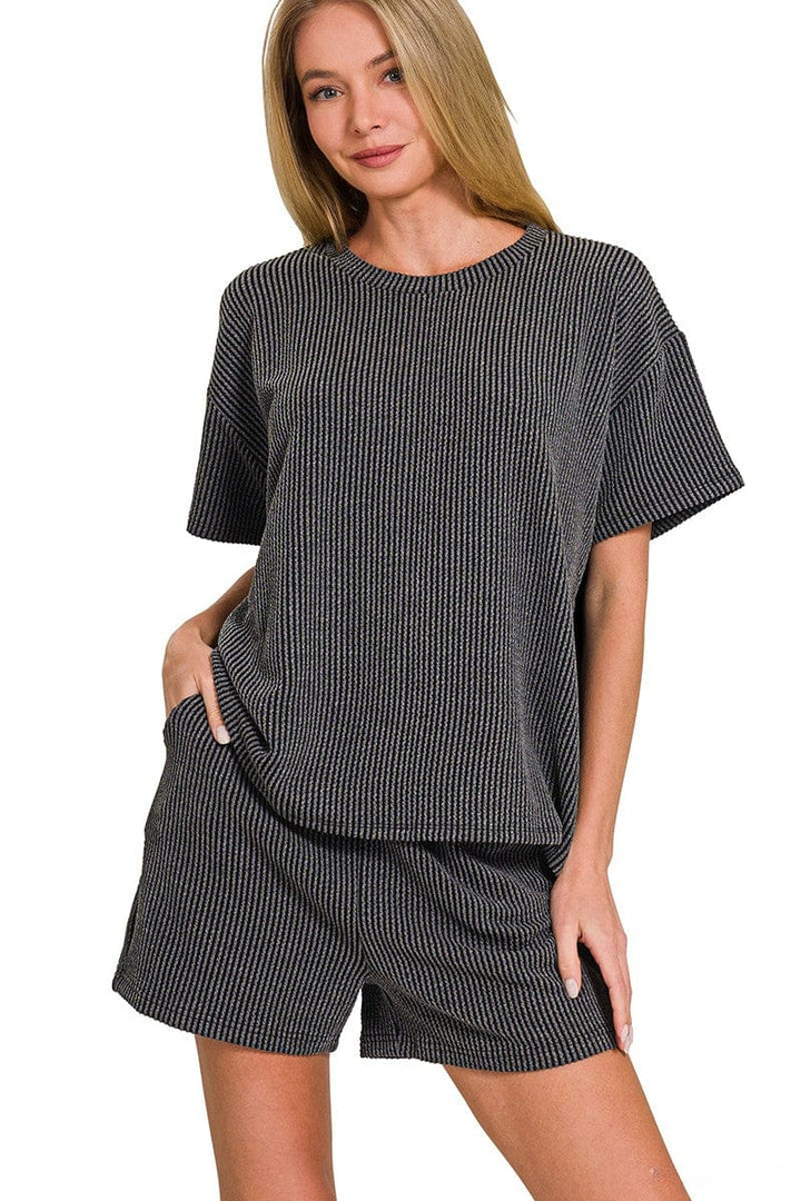 Zenana Corded Rib Knit Short Sleeve Tee & Shorts Set