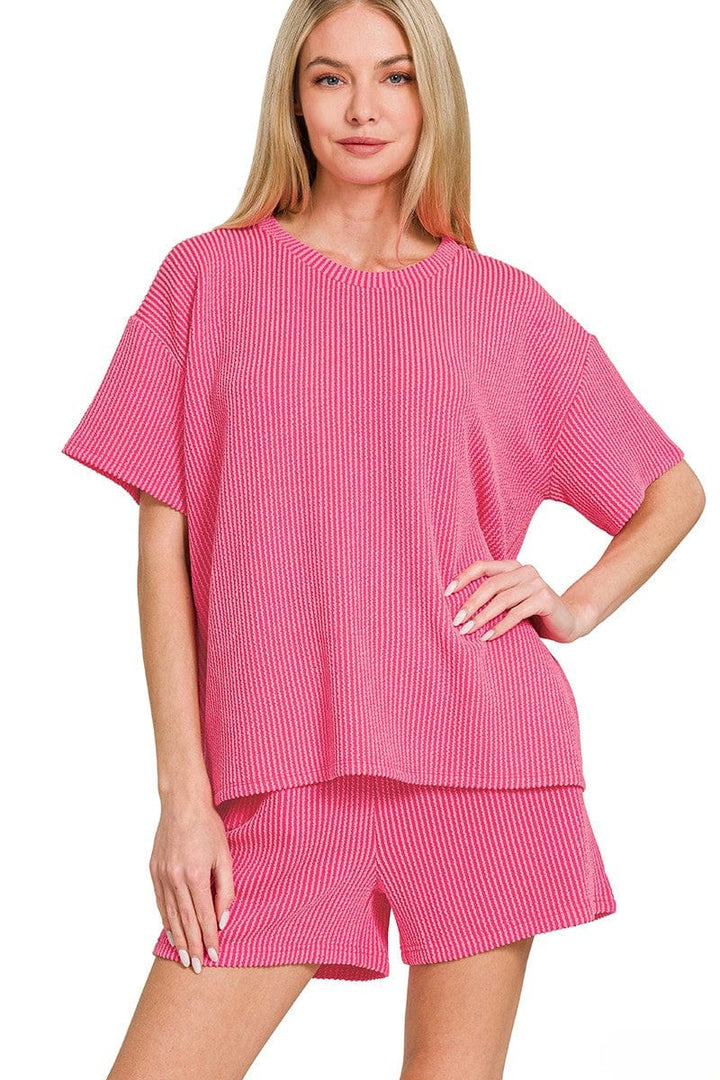 Zenana Corded Rib Knit Short Sleeve Tee & Shorts Set