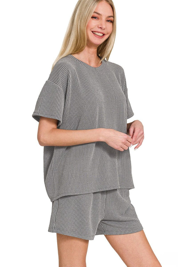 Zenana Corded Rib Knit Short Sleeve Tee & Shorts Set