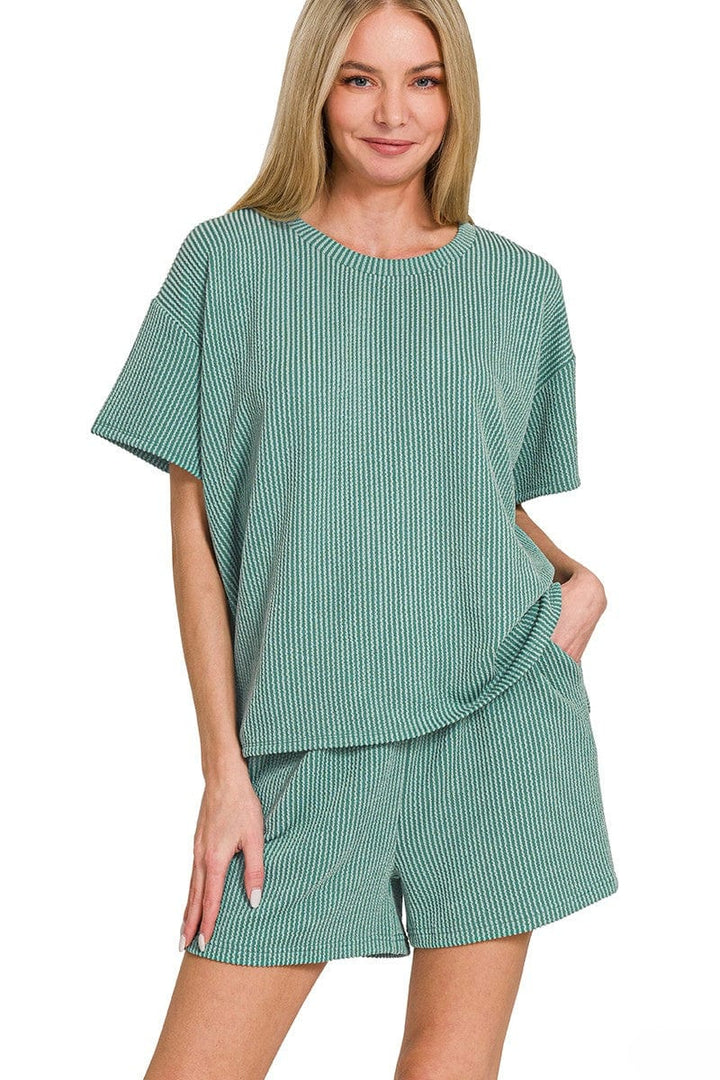 Zenana Corded Rib Knit Short Sleeve Tee & Shorts Set