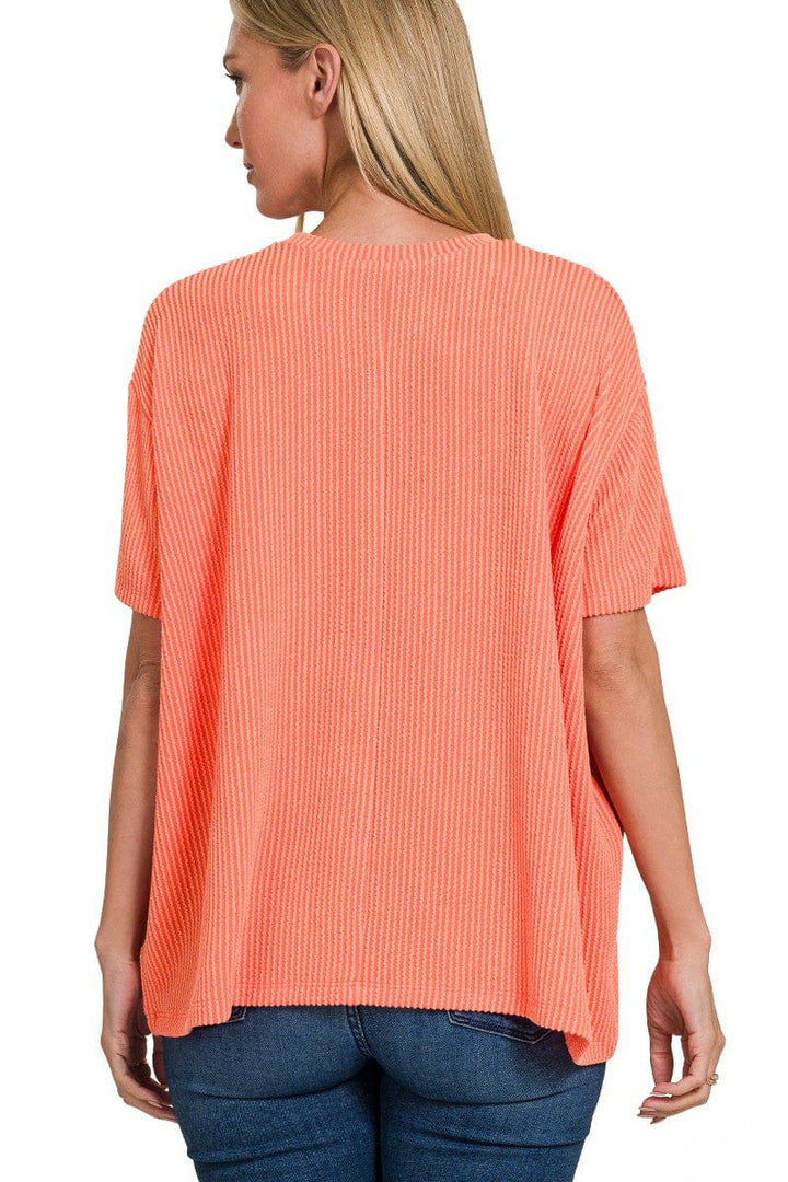 Zenana Corded Rib Short Sleeve Front Pocket Top