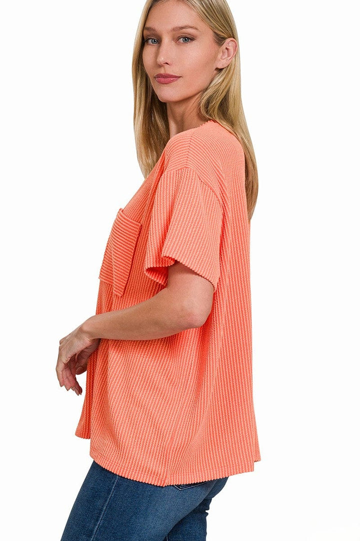 Zenana Corded Rib Short Sleeve Front Pocket Top