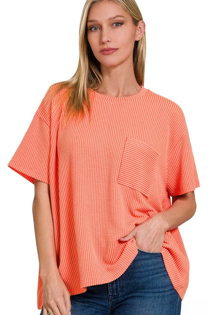 Zenana Corded Rib Short Sleeve Front Pocket Top