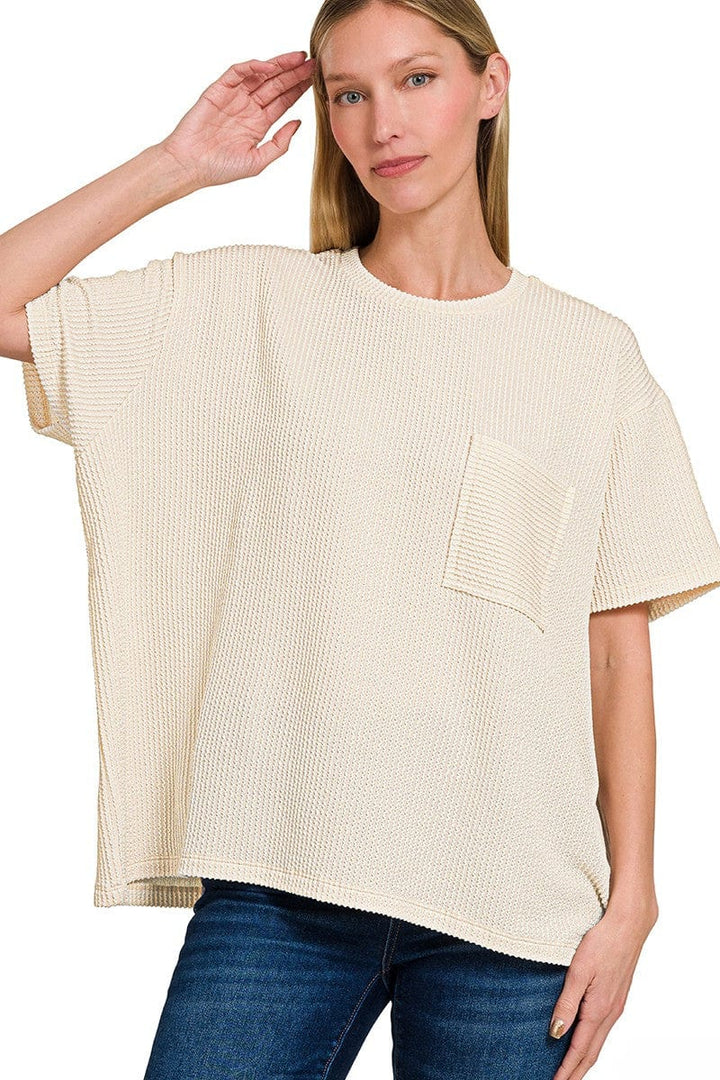 Zenana Corded Rib Short Sleeve Front Pocket Top