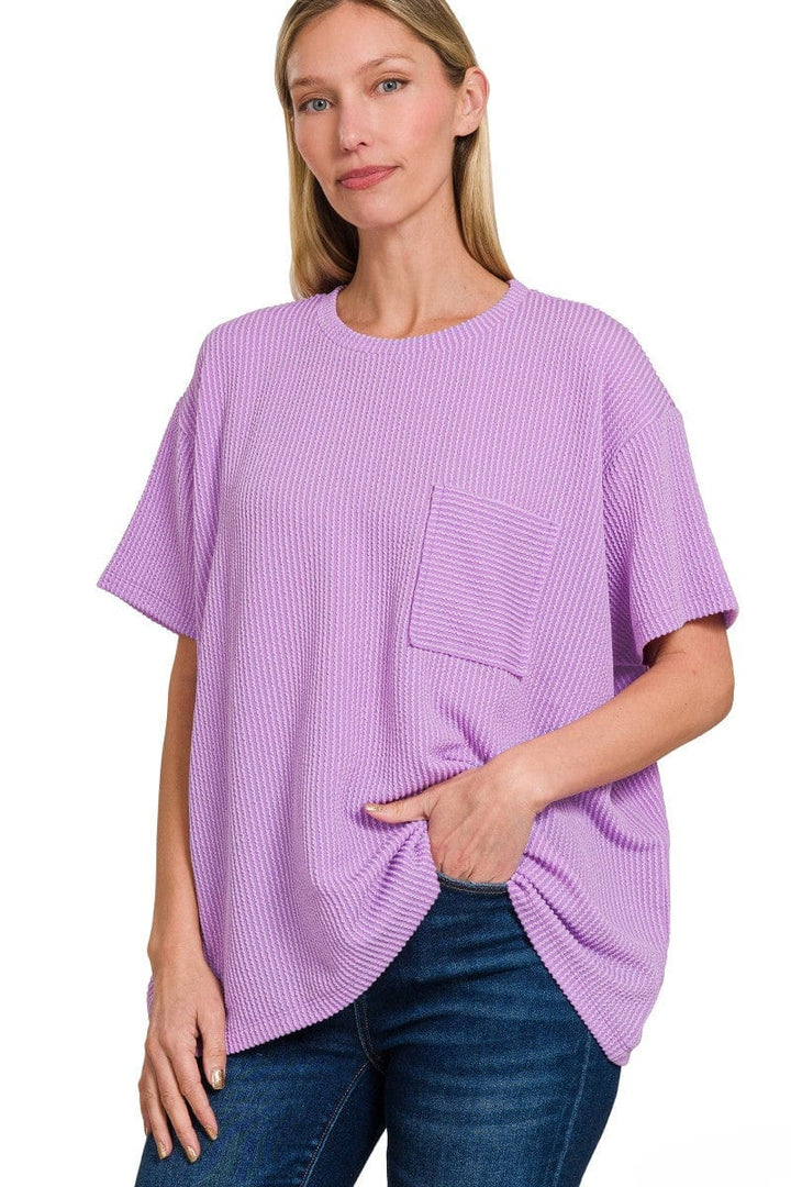 Zenana Corded Rib Short Sleeve Front Pocket Top