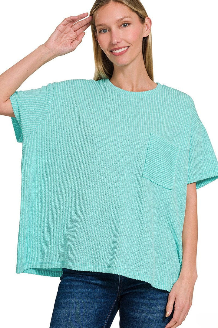 Zenana Corded Rib Short Sleeve Front Pocket Top