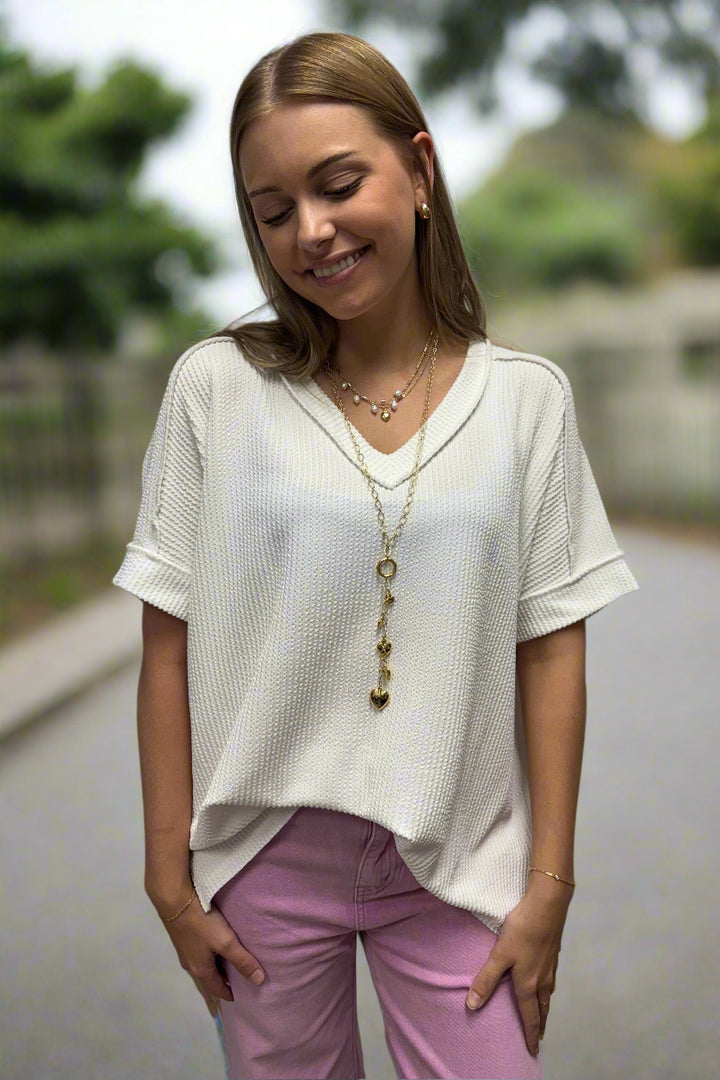 Zenana Corded Rib Short Sleeve Hi-Low V-Neck Top