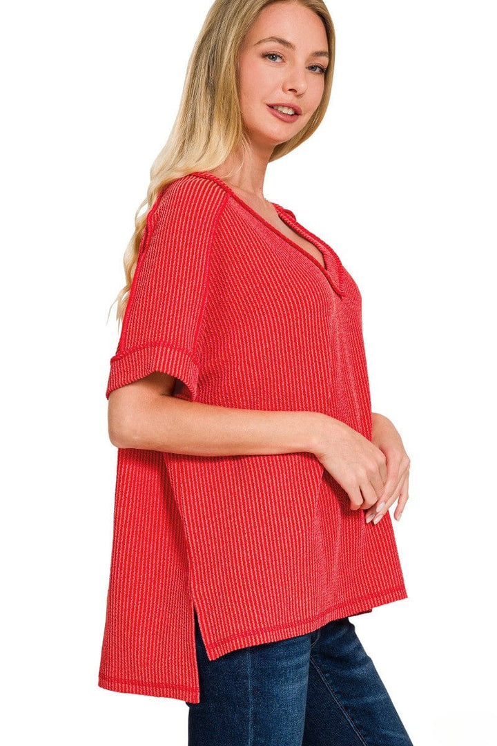 Zenana Corded Rib Short Sleeve Hi-Low V-Neck Top