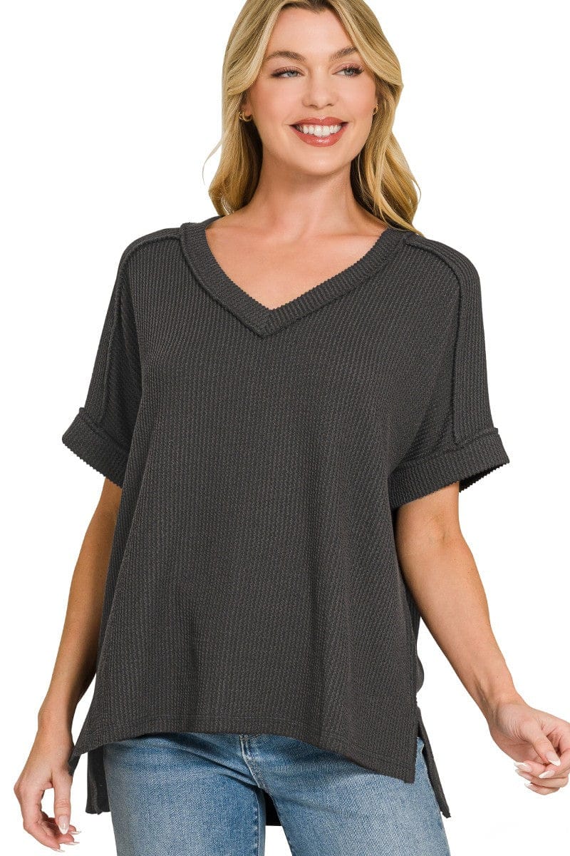 Zenana Corded Rib Short Sleeve Hi-Low V-Neck Top – jfybrand