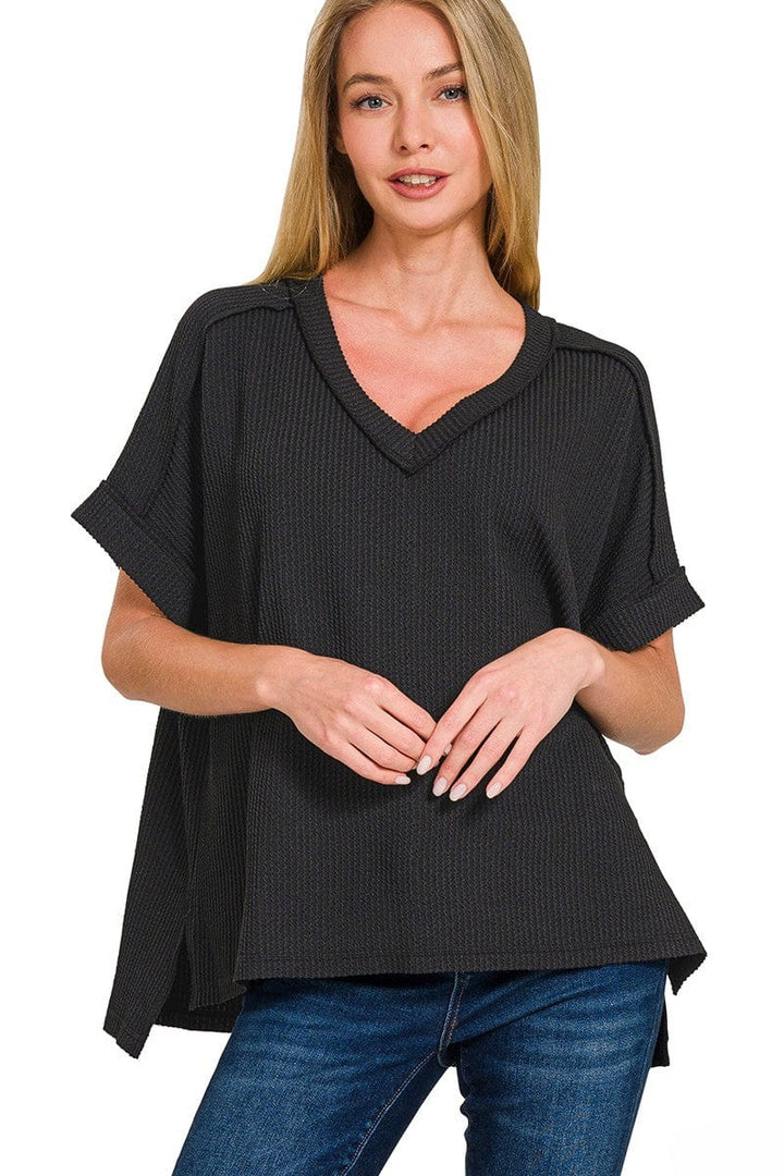 Zenana Corded Rib Short Sleeve Hi-Low V-Neck Top