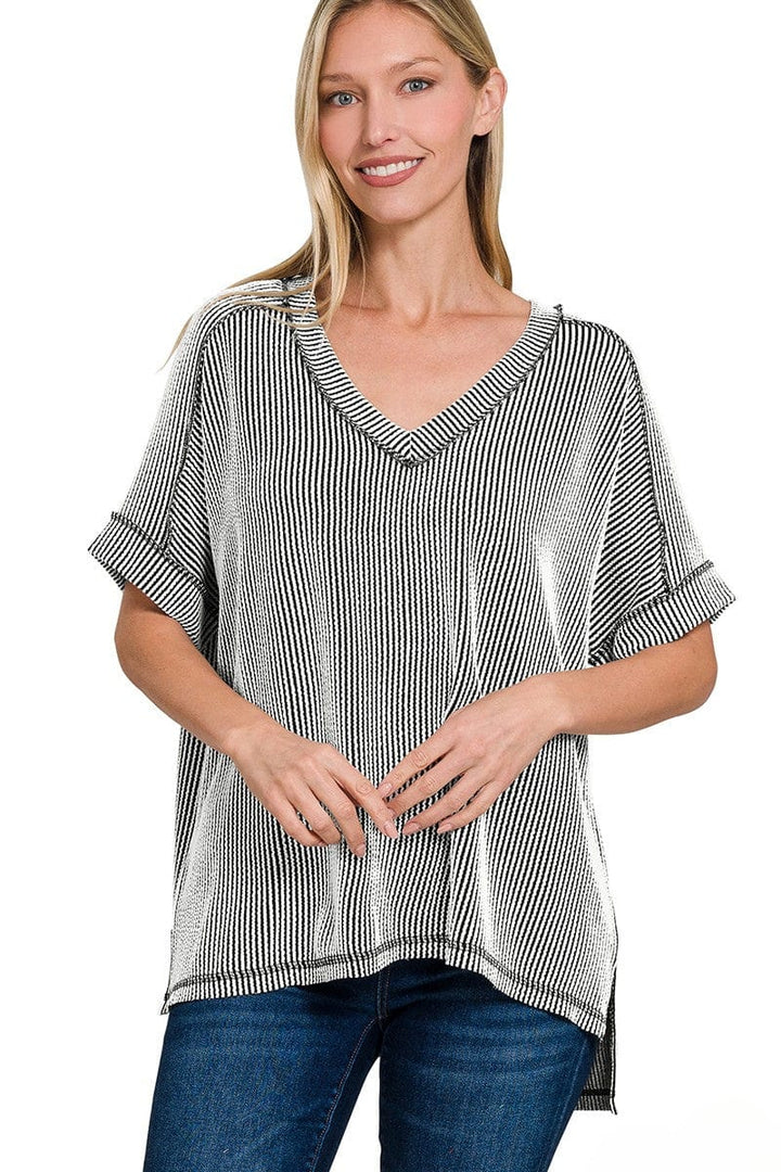 Zenana Corded Rib Short Sleeve Hi-Low V-Neck Top