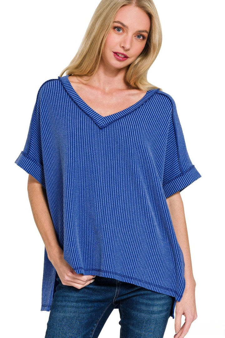 Zenana Corded Rib Short Sleeve Hi-Low V-Neck Top
