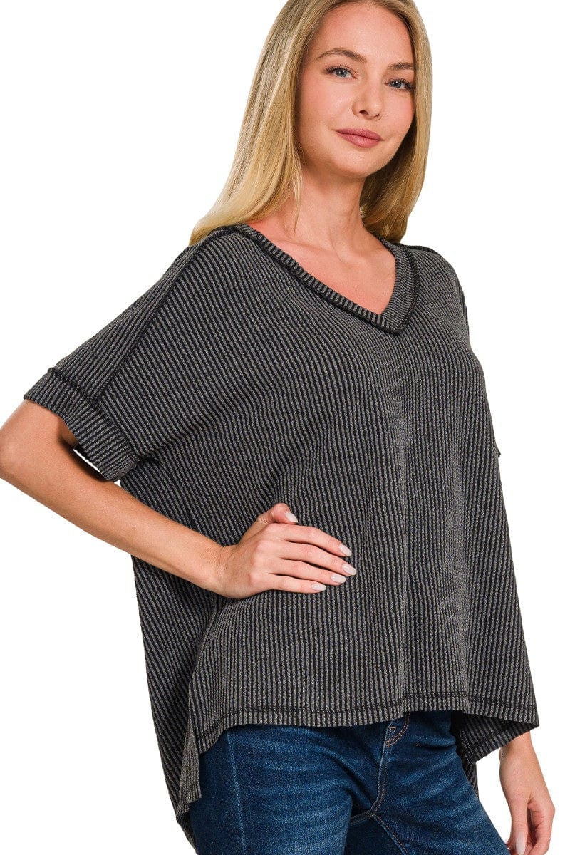 Zenana Corded Rib Short Sleeve Hi-Low V-Neck Top
