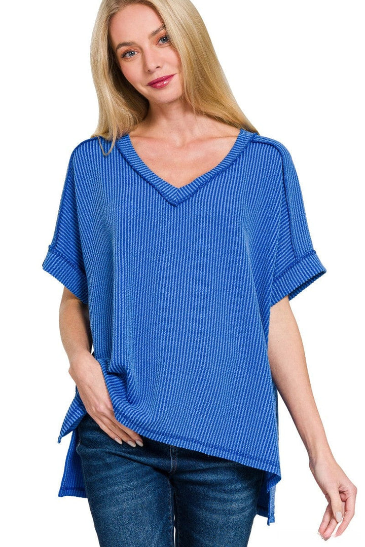 Zenana Corded Rib Short Sleeve Hi-Low V-Neck Top