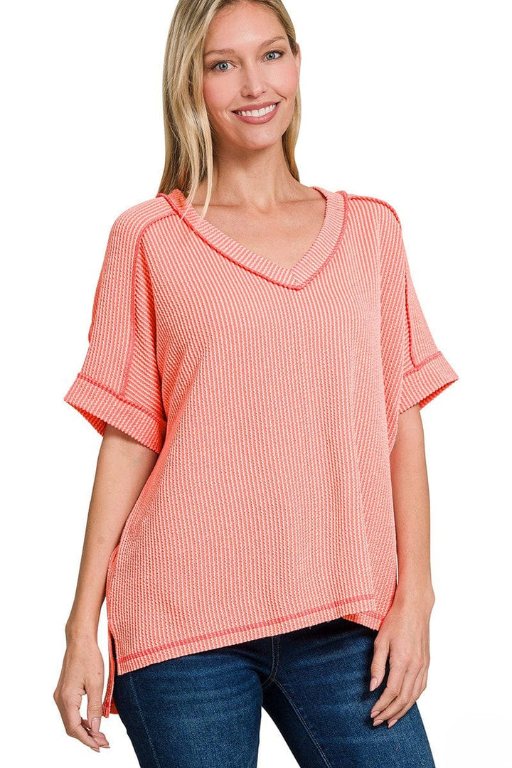 Zenana Corded Rib Short Sleeve Hi-Low V-Neck Top