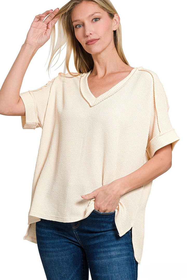 Zenana Corded Rib Short Sleeve Hi-Low V-Neck Top