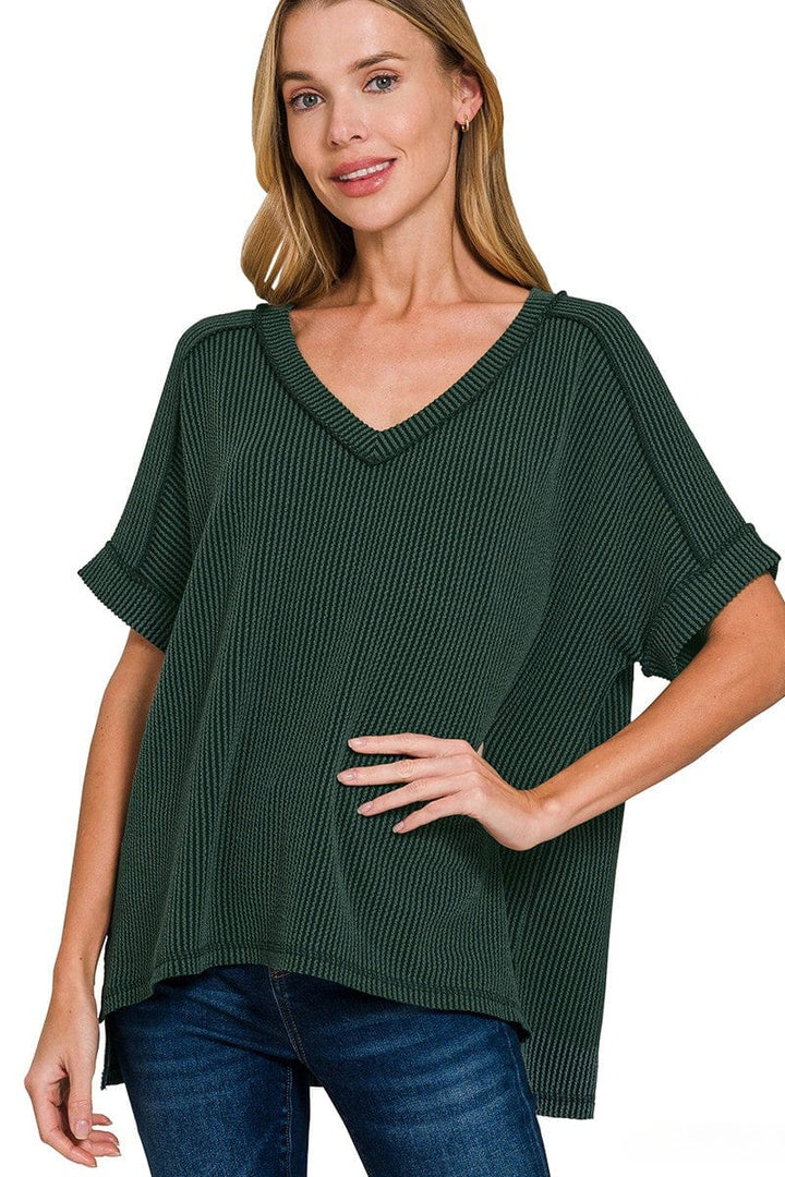 Zenana Corded Rib Short Sleeve Hi-Low V-Neck Top