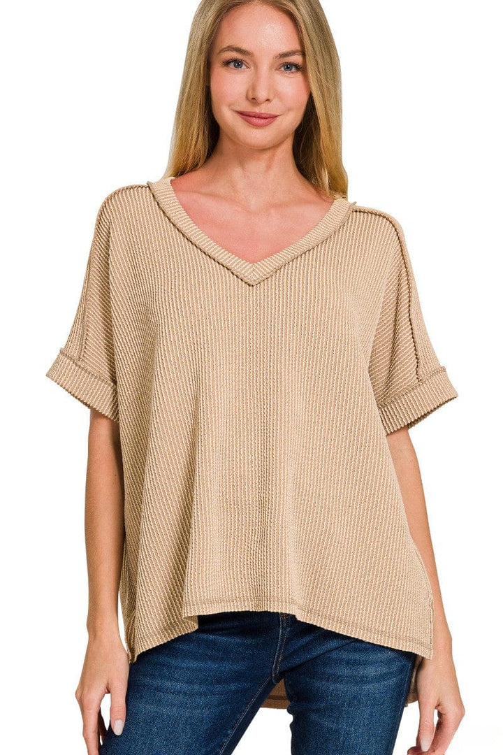 Zenana Corded Rib Short Sleeve Hi-Low V-Neck Top