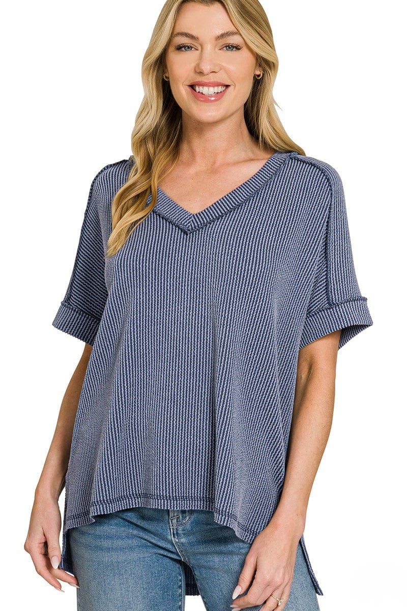Zenana Corded Rib Short Sleeve Hi-Low V-Neck Top – jfybrand