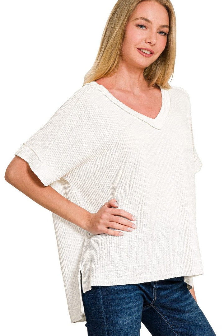 Zenana Corded Rib Short Sleeve Hi-Low V-Neck Top