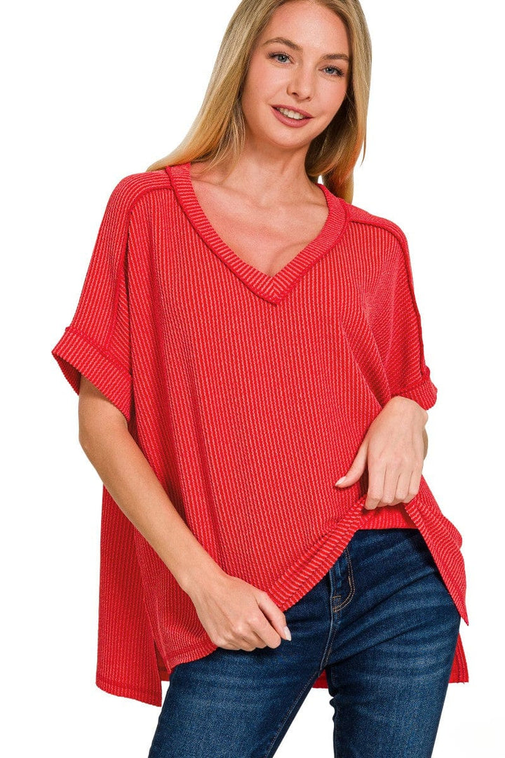 Zenana Corded Rib Short Sleeve Hi-Low V-Neck Top