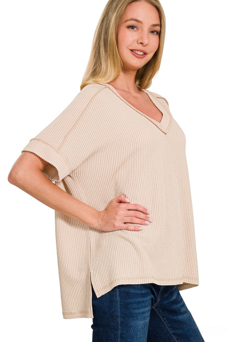 Zenana Corded Rib Short Sleeve Hi-Low V-Neck Top