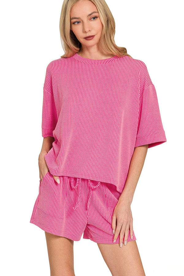 Zenana Corded Rib Short Sleeve Tee and Shorts Set