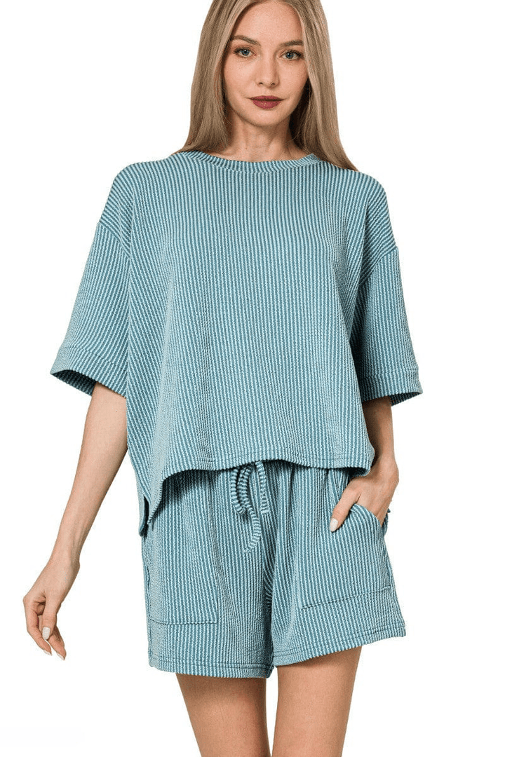 Zenana Corded Rib Short Sleeve Tee and Shorts Set