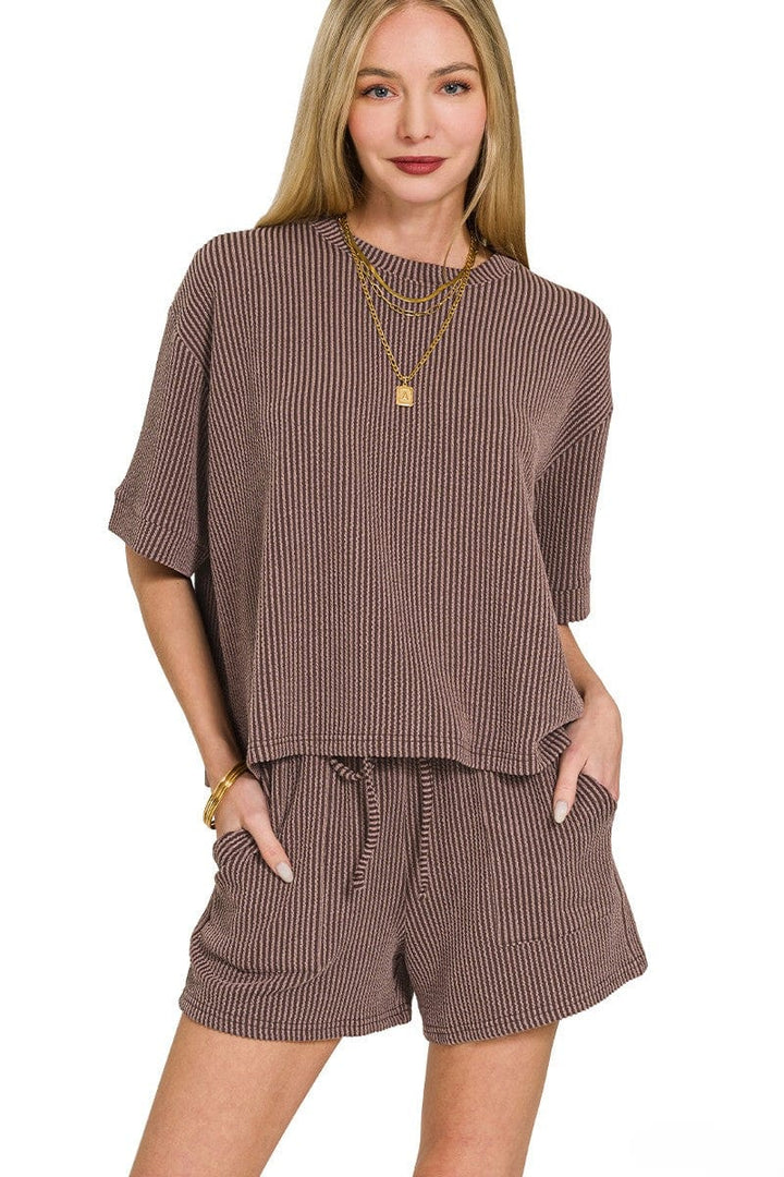 Zenana Corded Rib Short Sleeve Tee and Shorts Set