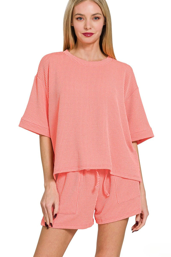 Zenana Corded Rib Short Sleeve Tee and Shorts Set